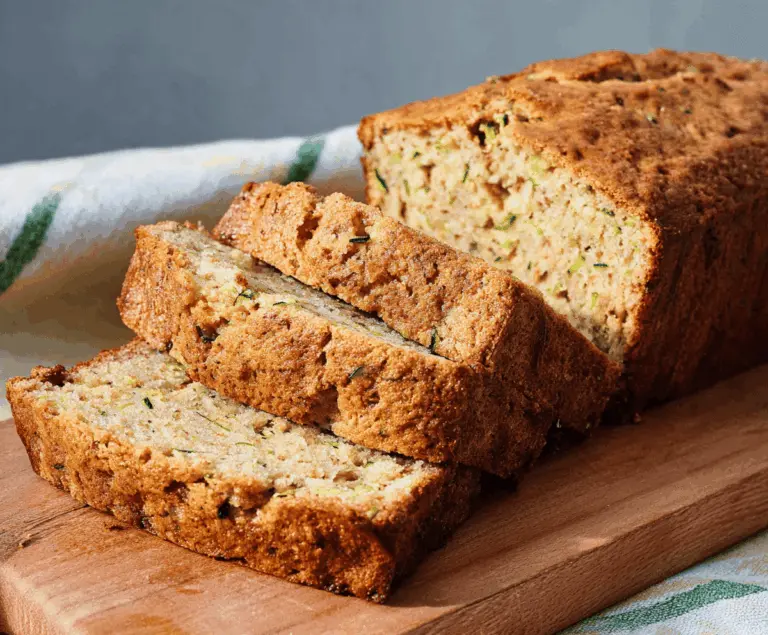 Delicious bakery-style zucchini bread topped with nuts and a golden crust, ready to serve