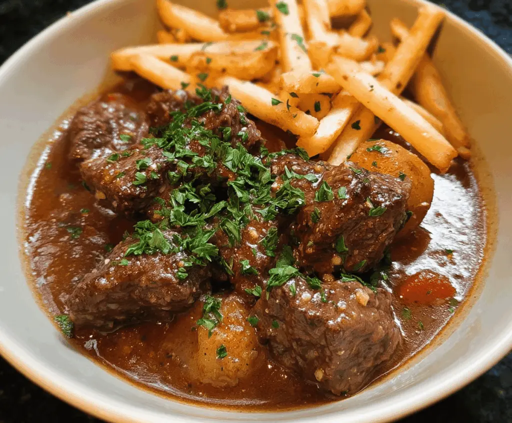 Delicious Belgian-style slow-cooked beef stew with tender beef chunks, vegetables, and rich gravy in a rustic bowl