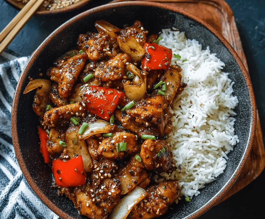 Savory Black Pepper Chicken dish with tender pieces of chicken stir-fried with black pepper and vegetables, served on a white plate