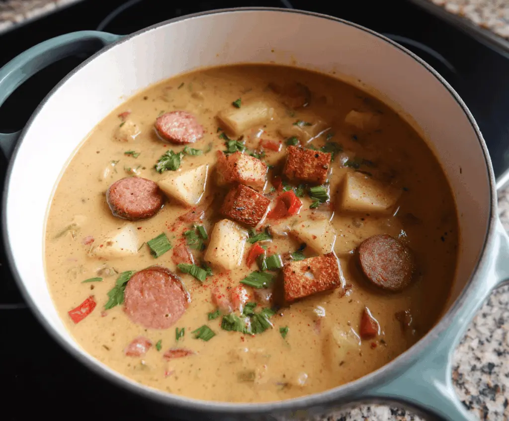 Creamy Cajun Potato Soup with fresh herbs and spices in a bowl, perfect for comfort food lovers