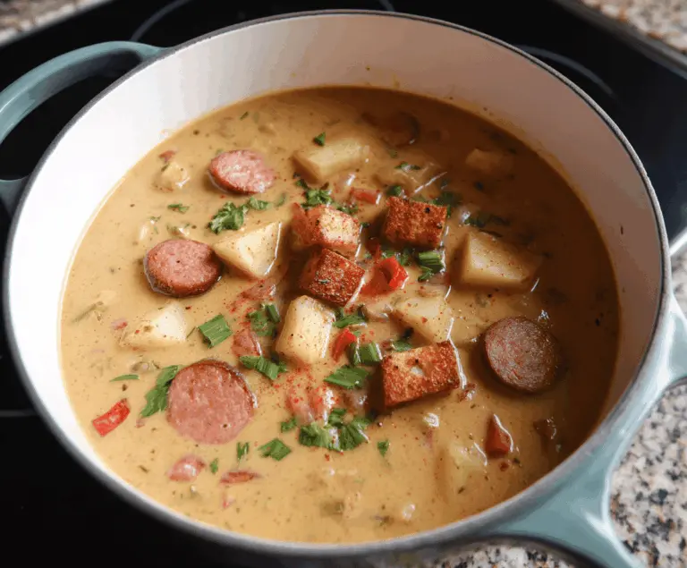 Creamy Cajun Potato Soup with fresh herbs and spices in a bowl, perfect for comfort food lovers