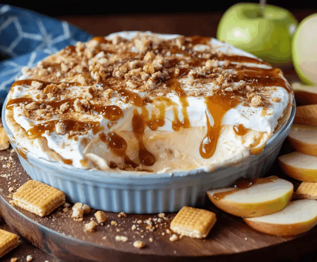 Creamy caramel apple cheesecake dip topped with chopped apples and caramel drizzle, perfect for snacking and entertaining