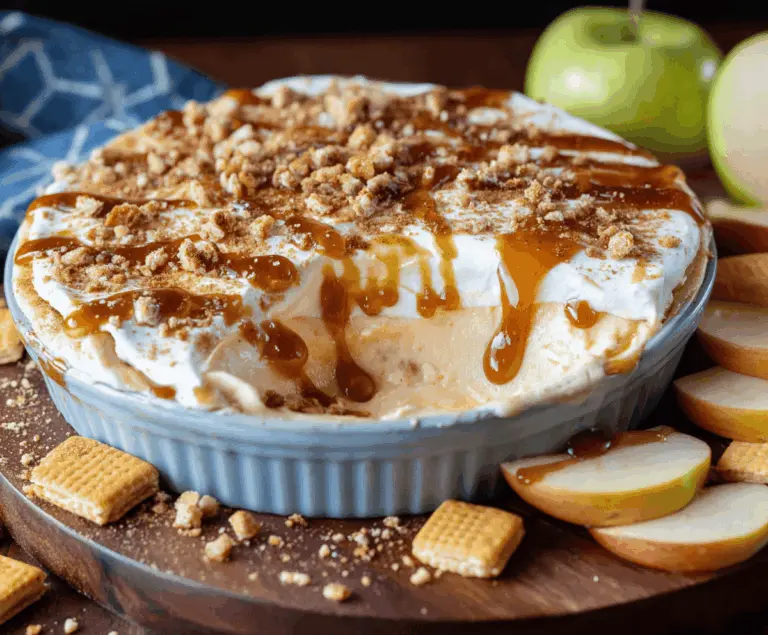 Creamy caramel apple cheesecake dip topped with chopped apples and caramel drizzle, perfect for snacking and entertaining