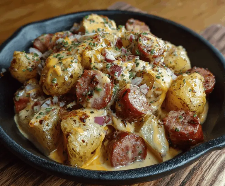 Creamy cheesy ranch potatoes with smoked sausage, garnished with fresh herbs, served in a skillet for a hearty, flavorful meal.