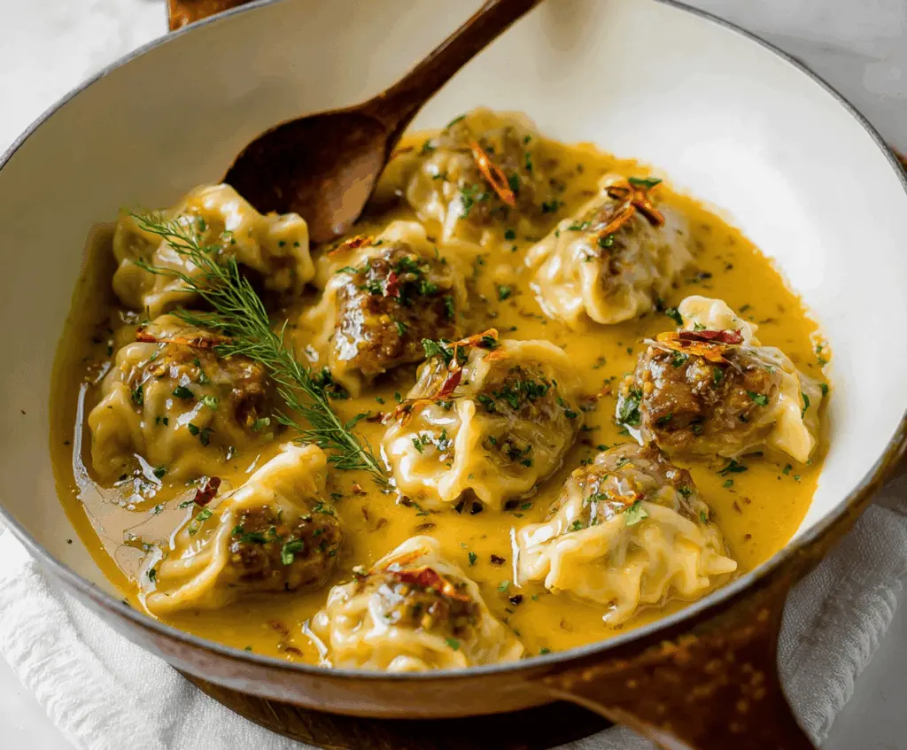 Delicious chicken and pumpkin dumplings served on a plate, garnished with herbs, ready to enjoy
