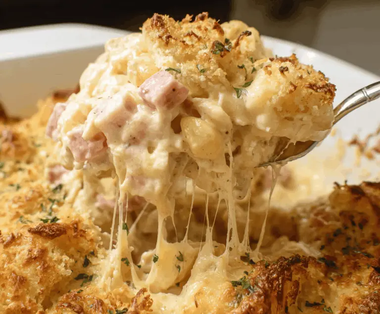 Delicious Chicken Cordon Bleu Casserole with breaded chicken, ham, Swiss cheese, and creamy sauce topped with golden breadcrumbs.