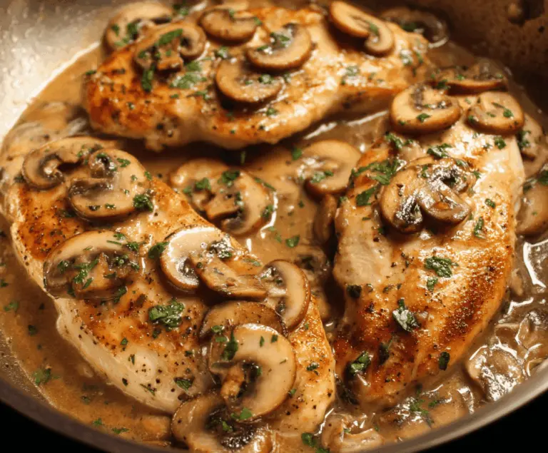 Juicy Chicken Marsala served with mushrooms and a savory wine sauce on a white plate, garnished with fresh herbs.