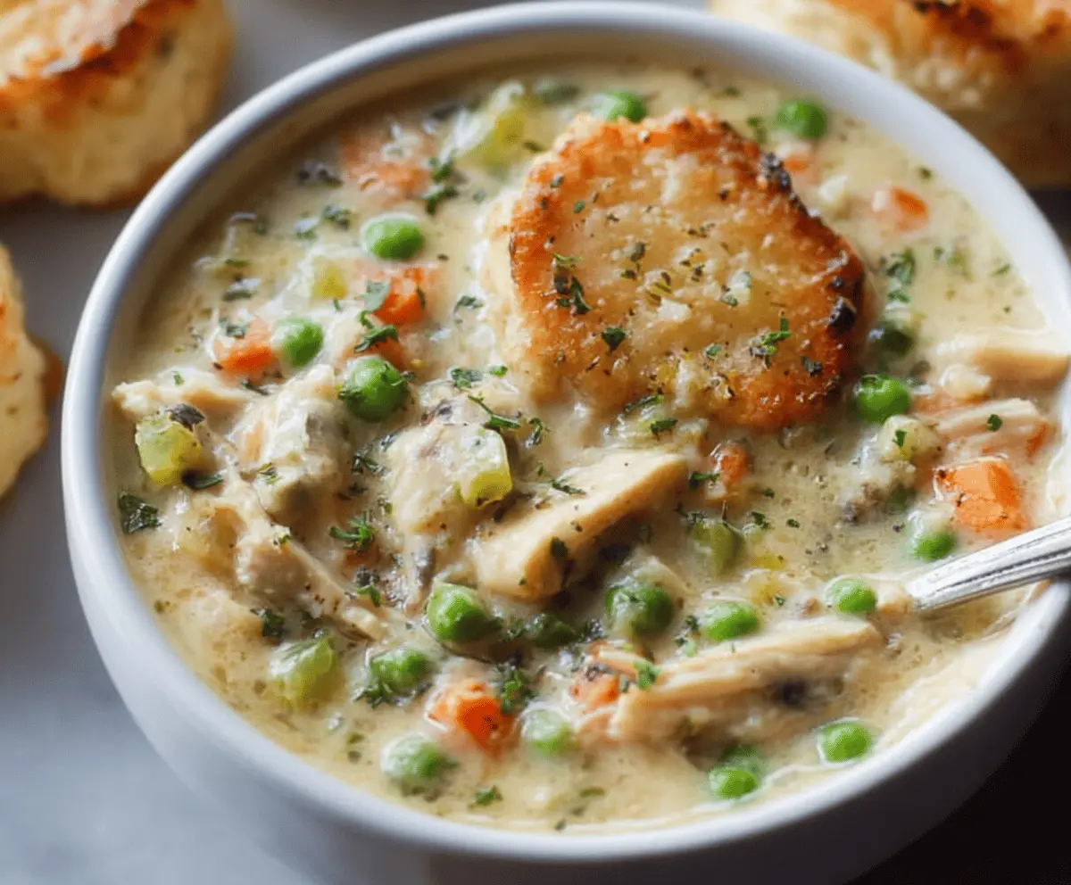 Creamy chicken pot pie soup in a bowl topped with herbs