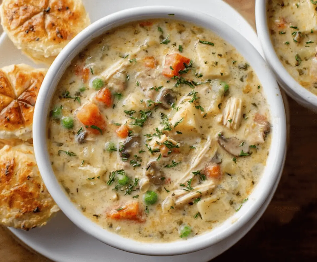 Bowl of creamy chicken pot pie soup with carrots and peas
