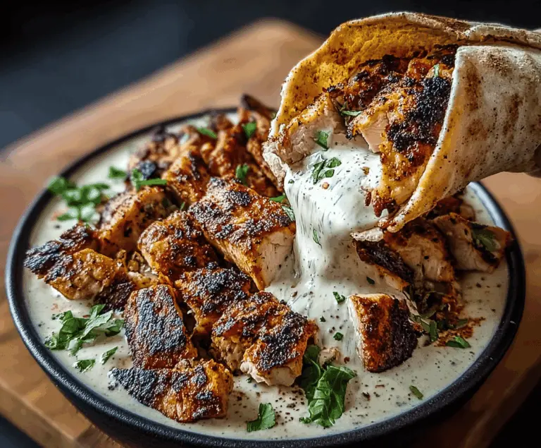 Delicious Chicken Shawarma topped with creamy garlic sauce served with fresh vegetables and pita bread on a platter