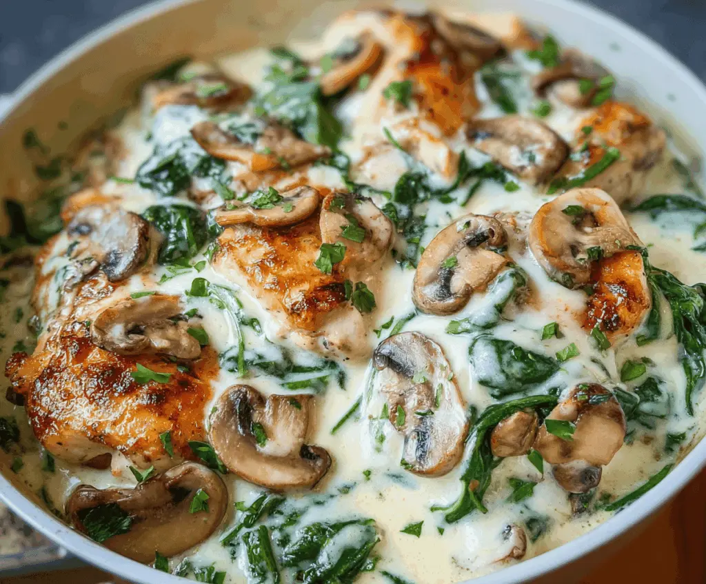 Delicious chicken, spinach, and mushroom low-carb baked dish served on a plate with fresh ingredients