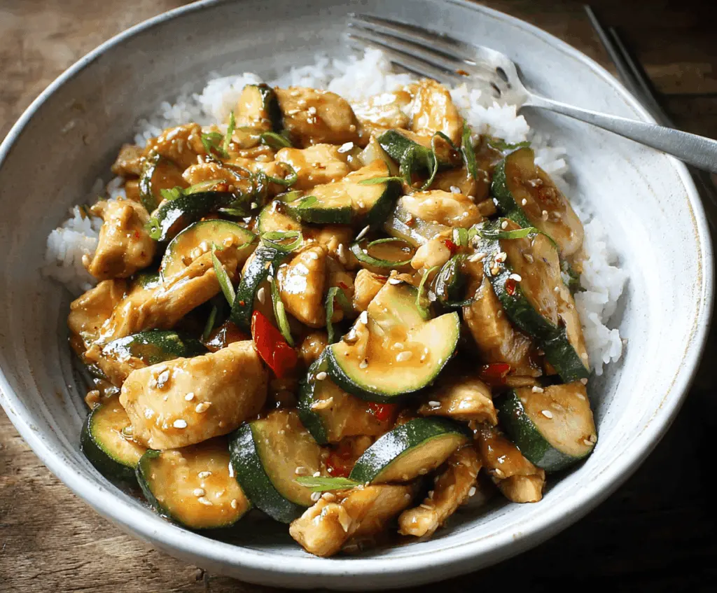 Delicious chicken zucchini stir fry with colorful vegetables and savory sauce served in a bowl