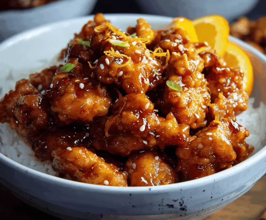Delicious homemade Chinese Orange Chicken served with steamed rice and garnished with orange slices and green onions.
