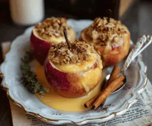 Cinnamon Oatmeal Stuffed Apples With Vanilla Custard Sauce
