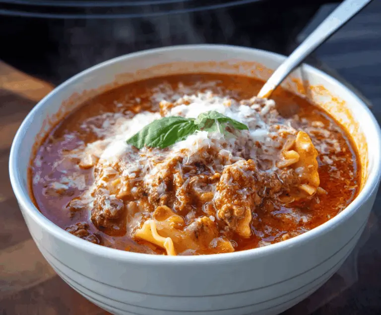 A steaming bowl of classic lasagna soup garnished with fresh basil, melted cheese, and seasoned ground beef in a savory tomato broth.