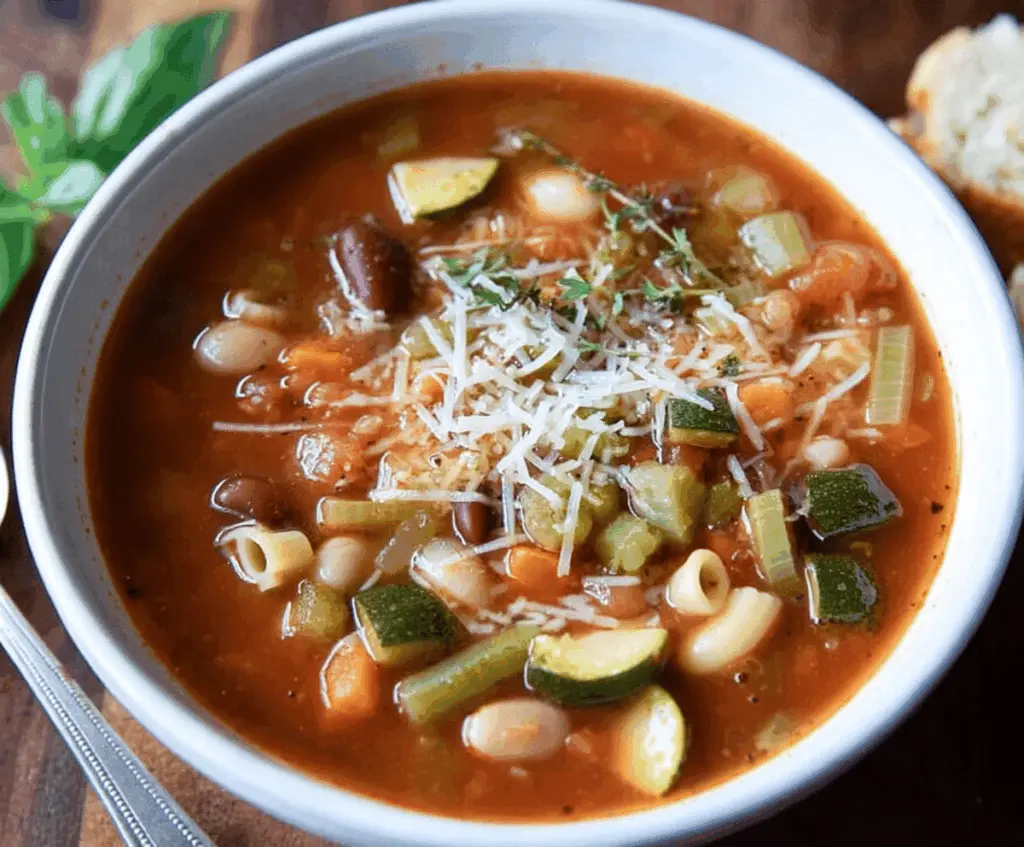 A bowl of steaming classic minestrone soup filled with vegetables, beans, and pasta, garnished with fresh herbs, served in a rustic bowl on a wooden table.