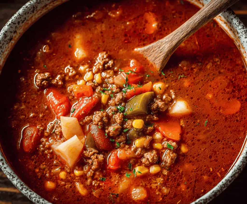 A delicious bowl of hearty Cowboy Soup featuring chunks of beef, beans, vegetables, and spices served in a rustic bowl.