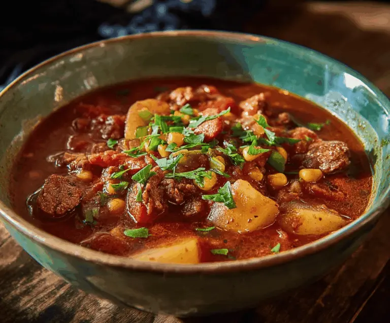 Hearty cowboy stew in a rustic bowl featuring chunks of beef, vegetables, and herbs for a flavorful comfort meal.