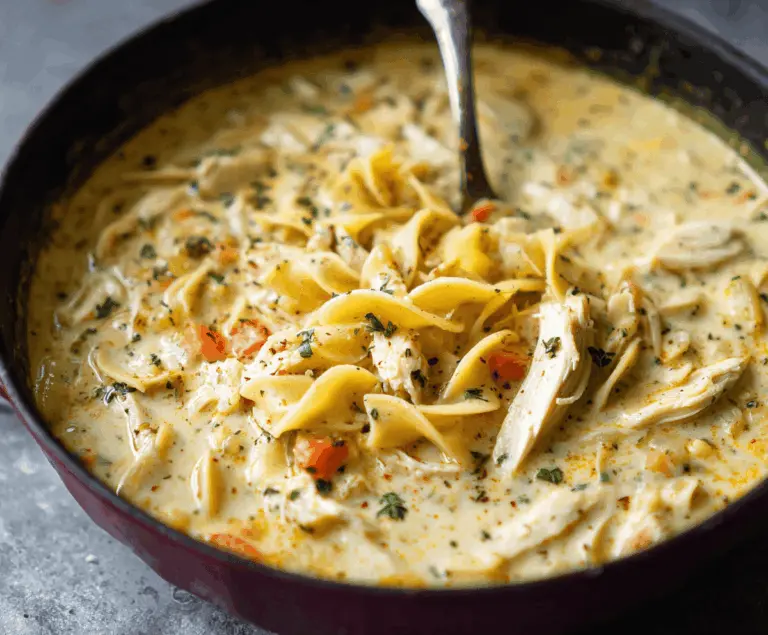 Creamy Chicken Noodle Soup with tender chicken, vegetables, and noodles in a rich, creamy broth, served in a bowl.