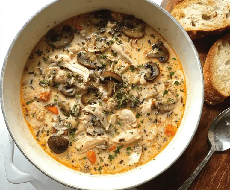 Creamy mushroom chicken and wild rice soup in a bowl topped with fresh herbs, featuring tender chicken, wild rice, and sliced mushrooms in a rich, creamy broth.