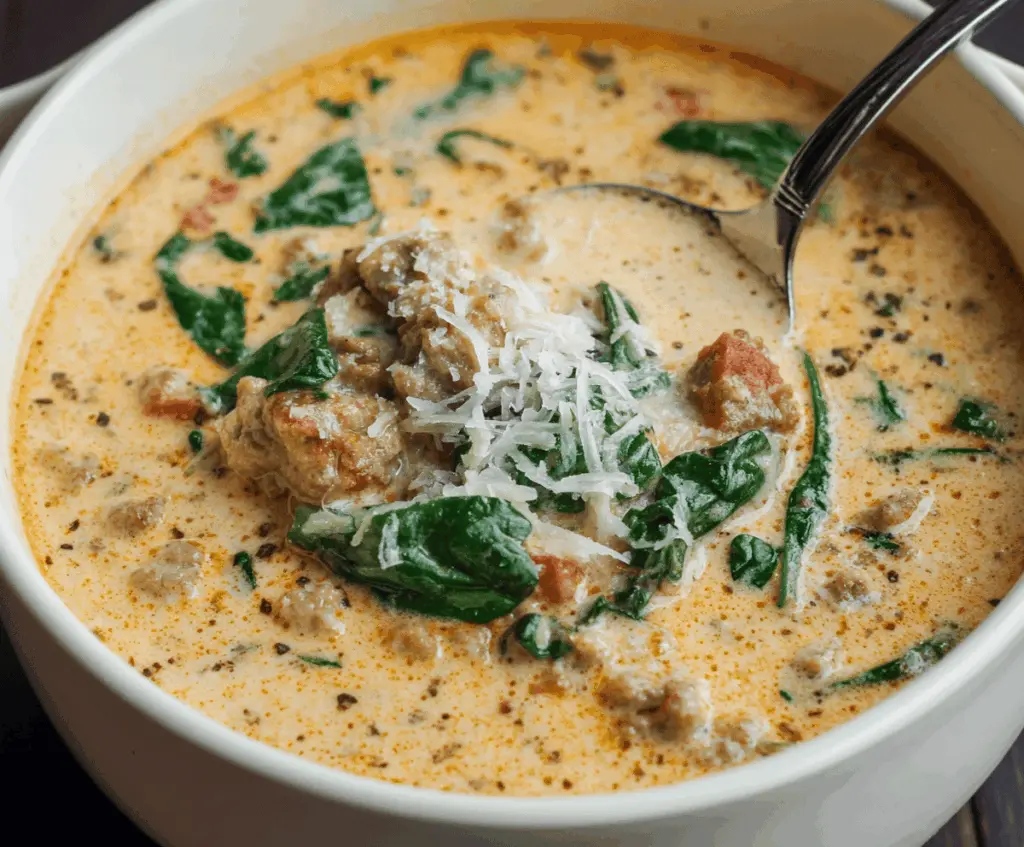 Creamy Italian sausage soup with Parmesan cheese, fresh herbs, and vegetables in a bowl, perfect for a comforting meal