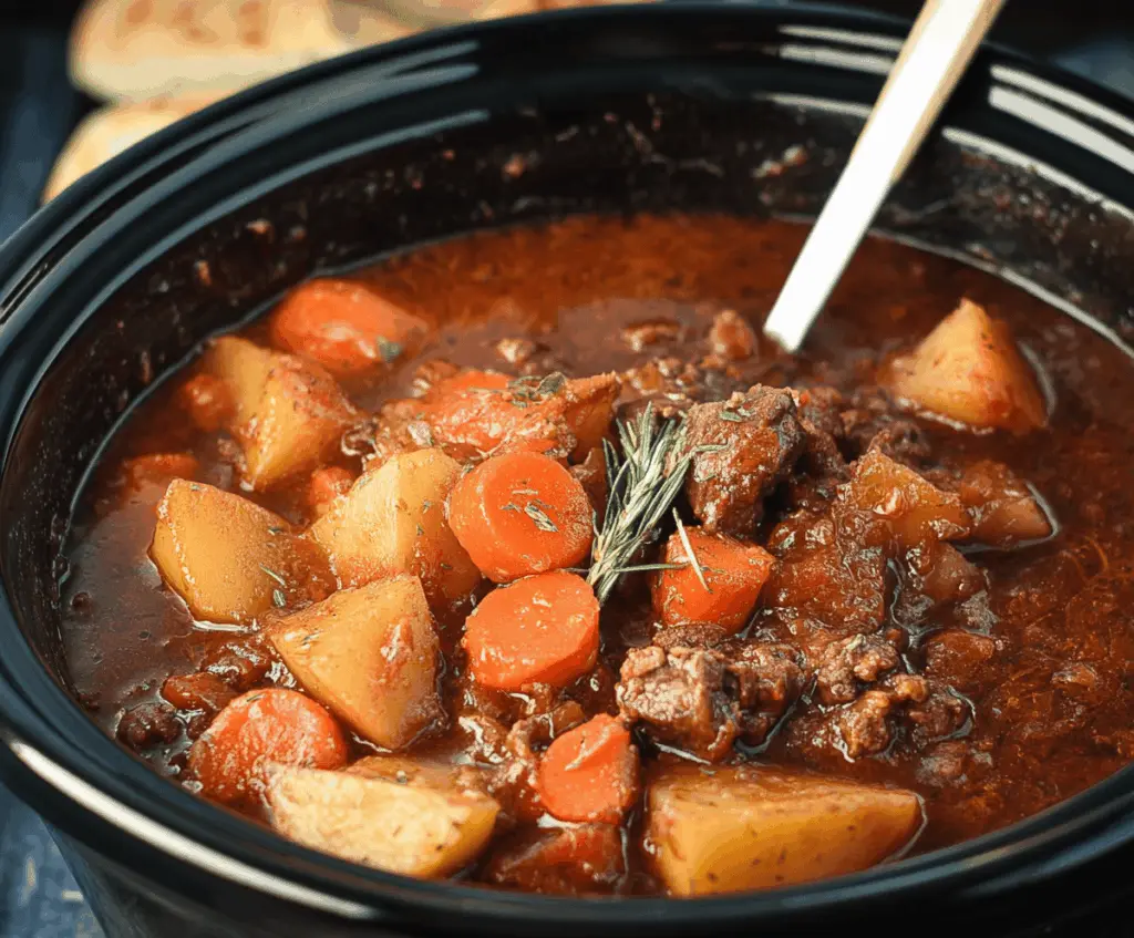 Delicious Crock Pot Poor Man's Stew with tender beef, potatoes, carrots, and vegetables in a hearty slow-cooked broth