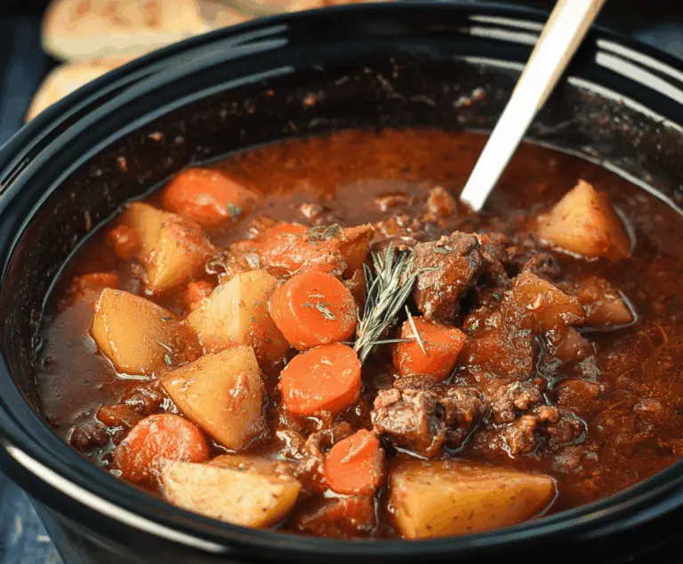Delicious Crock Pot Poor Man's Stew with tender beef, potatoes, carrots, and vegetables in a hearty slow-cooked broth