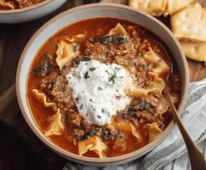 Creamy dairy-free lasagna soup with layers of tomato sauce, vegan cheese, and fresh basil in a bowl, perfect for a comforting plant-based meal.