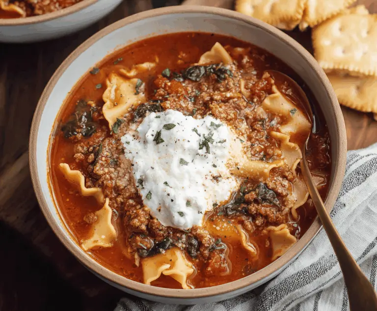 Creamy dairy-free lasagna soup with layers of tomato sauce, vegan cheese, and fresh basil in a bowl, perfect for a comforting plant-based meal.