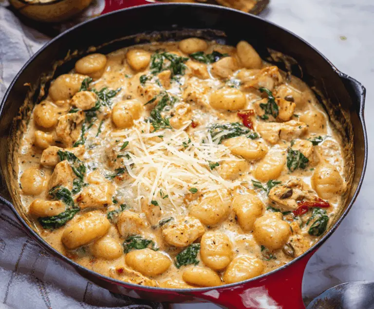Delicious garlic chicken gnocchi skillet with crispy chicken, tender gnocchi, and fresh herbs in a flavorful sauce