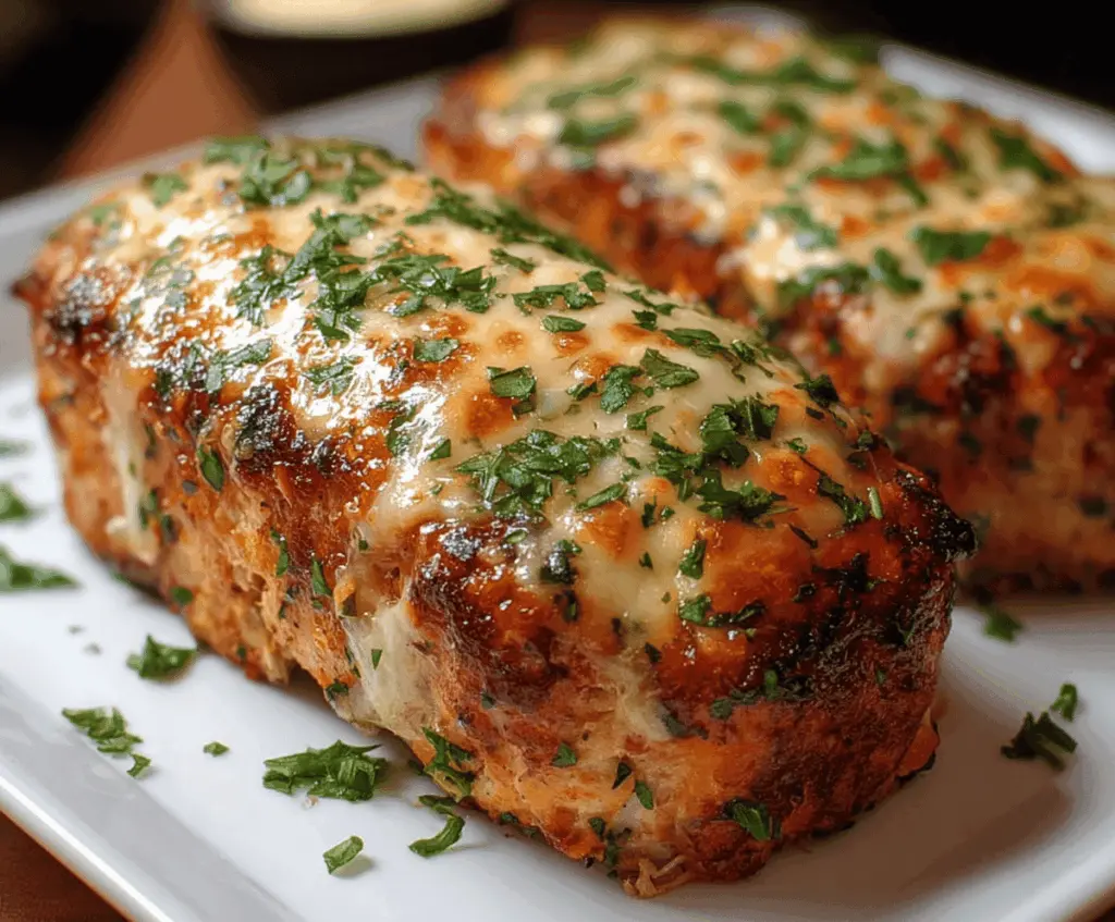 Juicy Garlic Parmesan Chicken Meatloaf topped with melted cheese and fresh herbs, served on a white plate.