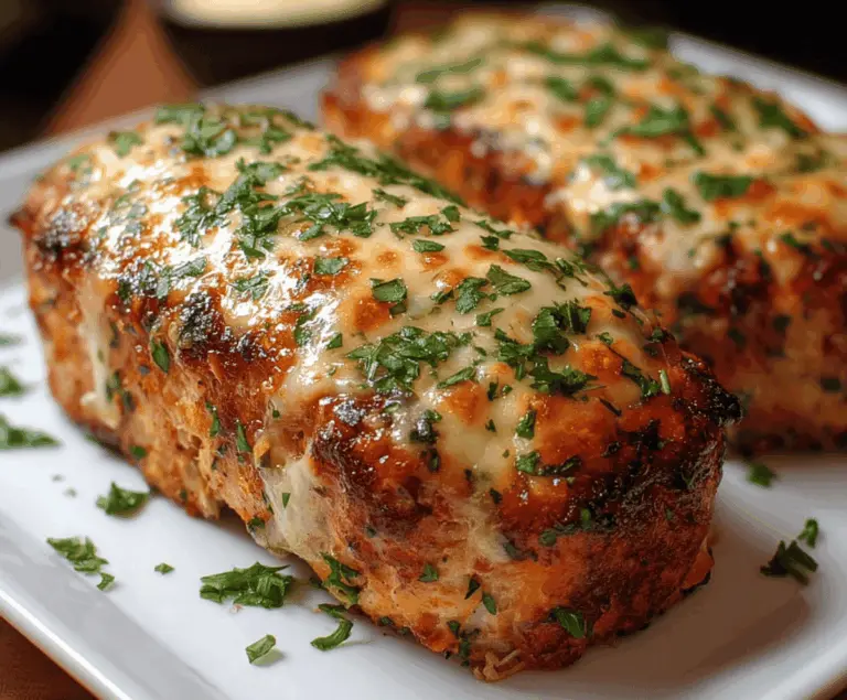 Juicy Garlic Parmesan Chicken Meatloaf topped with melted cheese and fresh herbs, served on a white plate.