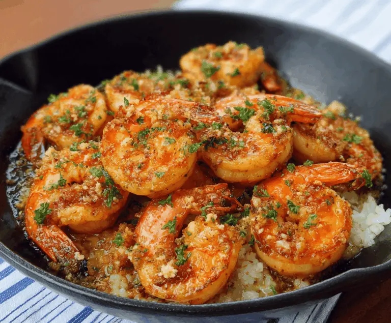 Juicy Hawaiian garlic shrimp served on a plate garnished with fresh herbs and lemon wedges, perfect for a flavorful seafood meal