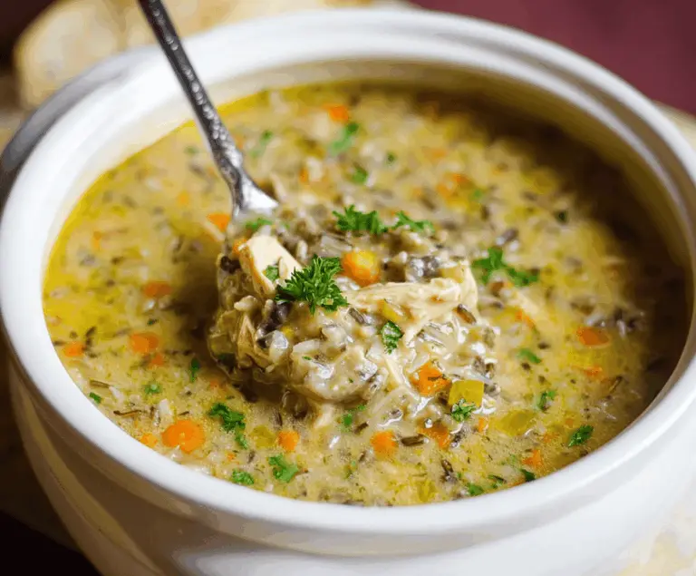 A bowl of healthy chicken wild rice soup garnished with fresh herbs, showcasing tender chicken, wild rice, and vegetables in a flavorful broth.