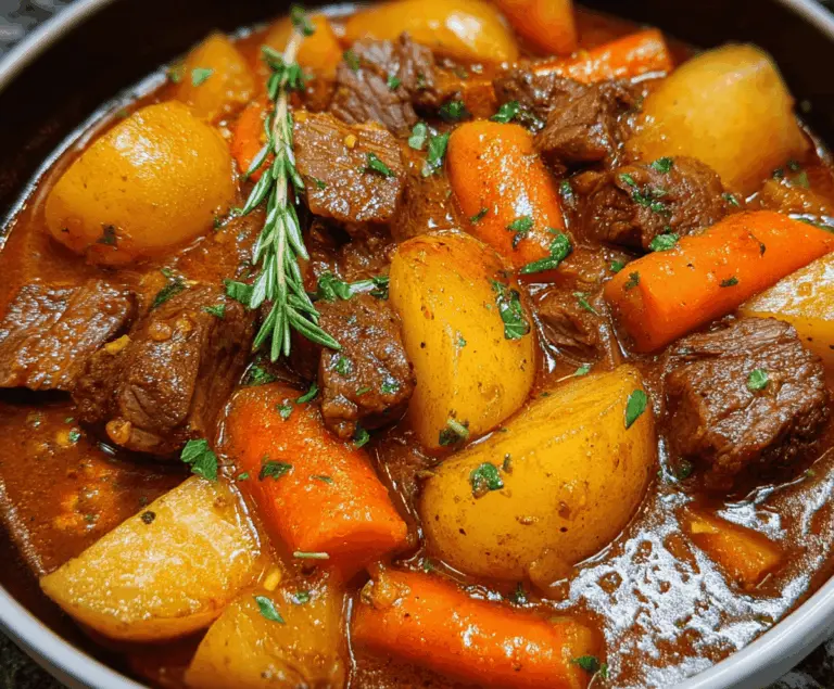 Delicious homemade beef stew with tender beef chunks, carrots, potatoes, and fresh herbs in a hearty, savory broth