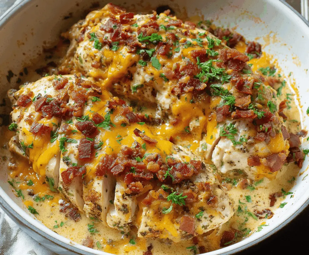 Delicious Keto Crack Chicken topped with melted cheese and crispy bacon, served on a plate, perfect for low-carb, high-protein meal enthusiasts