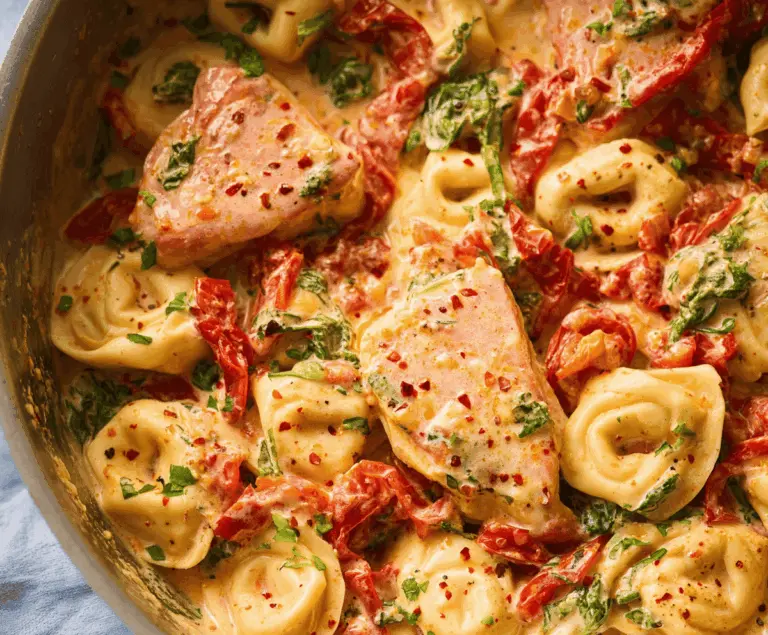 Creamy Marry Me Tortellini dish with fresh basil, cherry tomatoes, and melted cheese served on a white plate