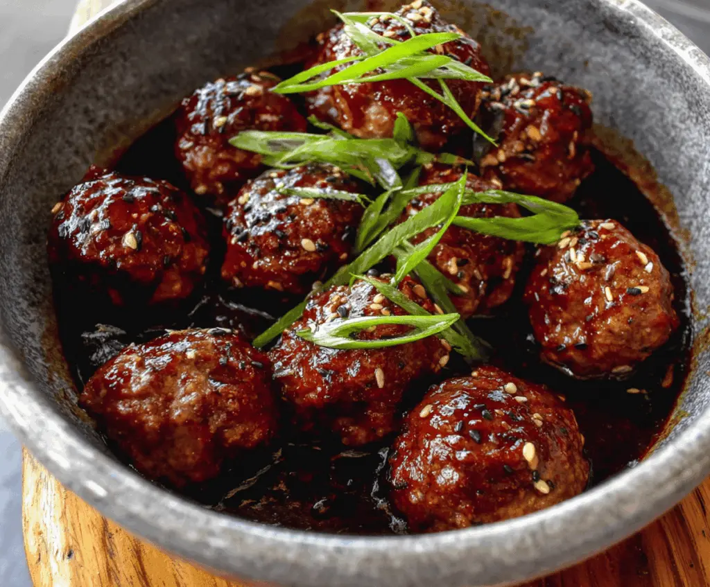 Delicious homemade Mongolian Meatballs served with savory sauce on a white plate, perfect for Asian-inspired dinner recipes.