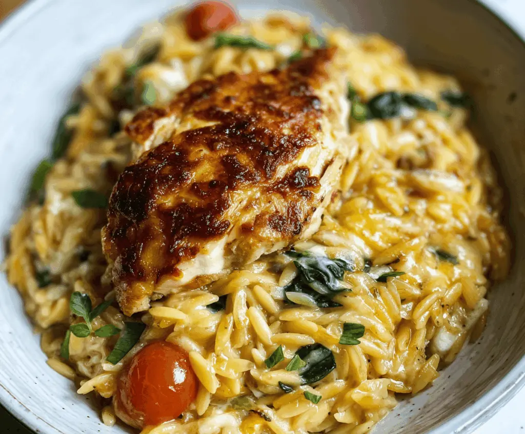 Creamy Monterey Chicken Orzo dish featuring tender chicken, colorful vegetables, and flavorful herbs served in a bowl