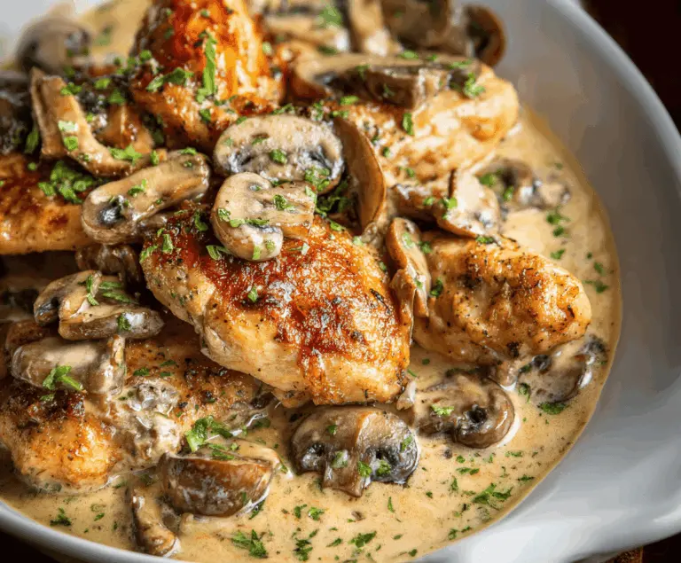 Creamy mushroom chicken breast topped with sautéed mushrooms and fresh herbs on a white plate, ready to serve
