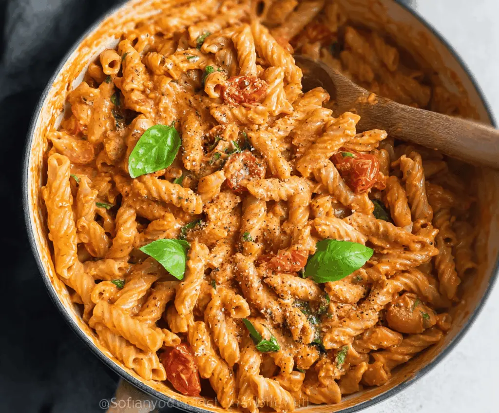 Creamy tomato pasta cooked in one pot, featuring a rich tomato sauce, fresh herbs, and melted cheese, served in a bowl.