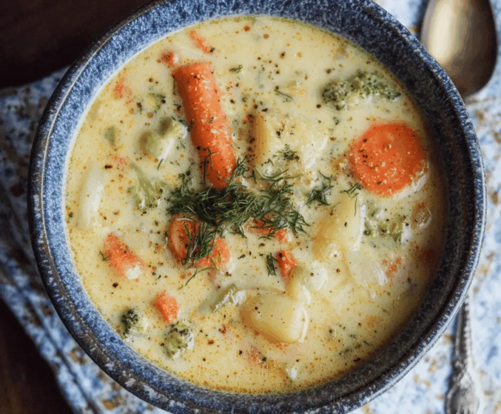 Creamy vegetable soup served in a bowl with fresh herbs, showcasing a hearty and colorful one-pot meal perfect for cozy dinners