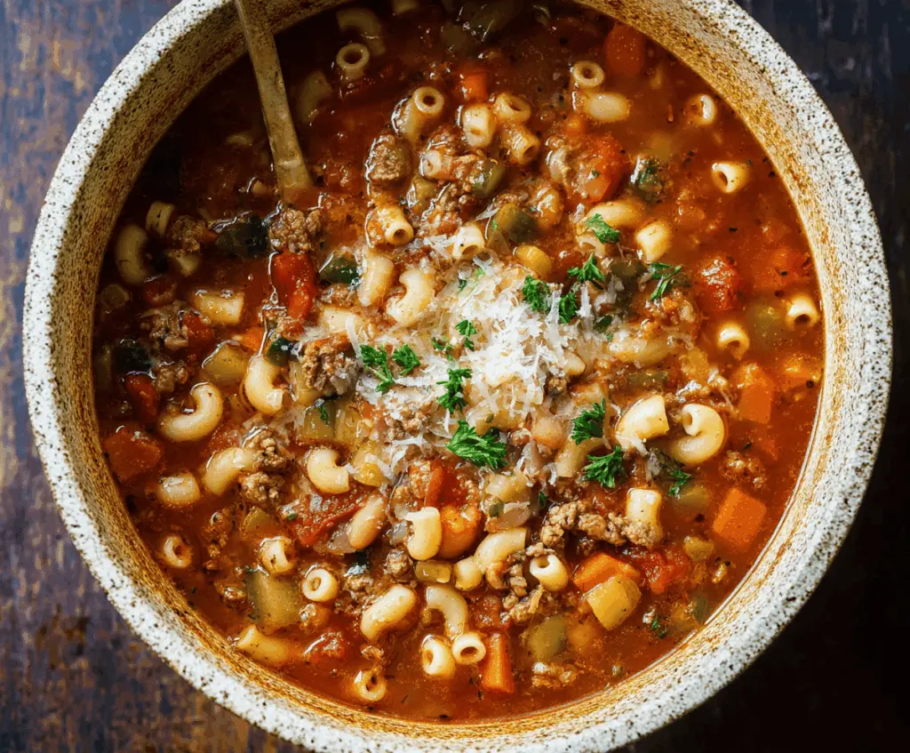 A delicious bowl of Pasta Fagioli soup featuring pasta, beans, vegetables, and herbs garnished with fresh parsley, served in a rustic bowl.