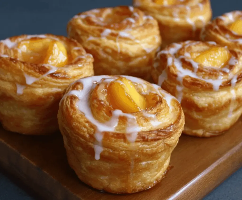 Delicious Peach Pie Cruffins with golden crust and juicy peach filling, served on a rustic plate for a sweet breakfast or dessert