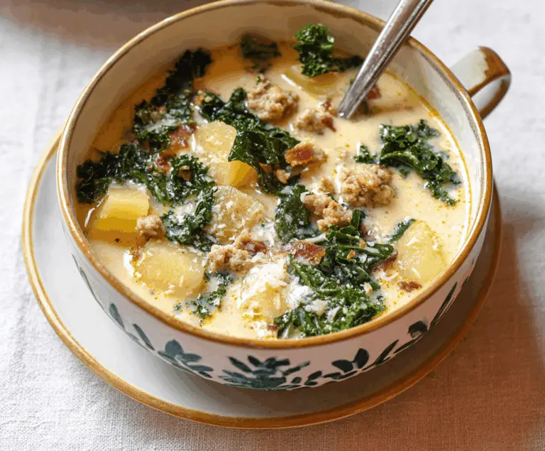 Hearty sausage, potato, and kale soup in a bowl, perfect for a comforting meal