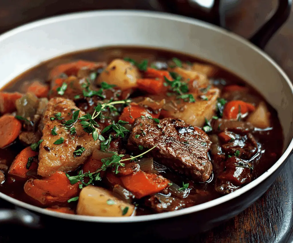 Hearty Scottish Beef Stew with tender beef chunks, vegetables, and herbs served in a rustic bowl
