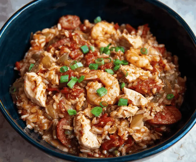 Delicious slow cooker chicken jambalaya with rice, colorful vegetables, and seasoned chicken in a hearty Cajun-style dish
