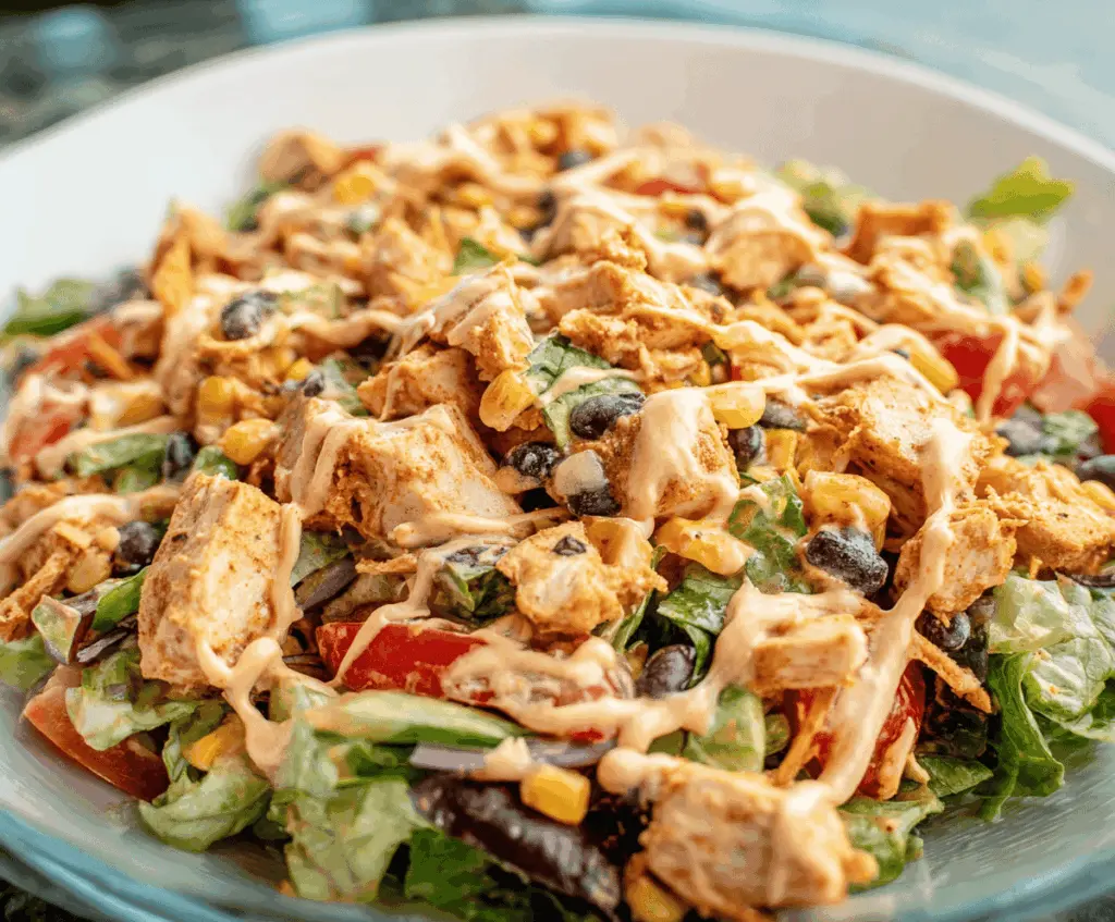 Fresh Southwest Chicken Salad with grilled chicken, corn, black beans, cherry tomatoes, avocado slices, and shredded cheese in a vibrant bowl, perfect for a flavorful and healthy meal.