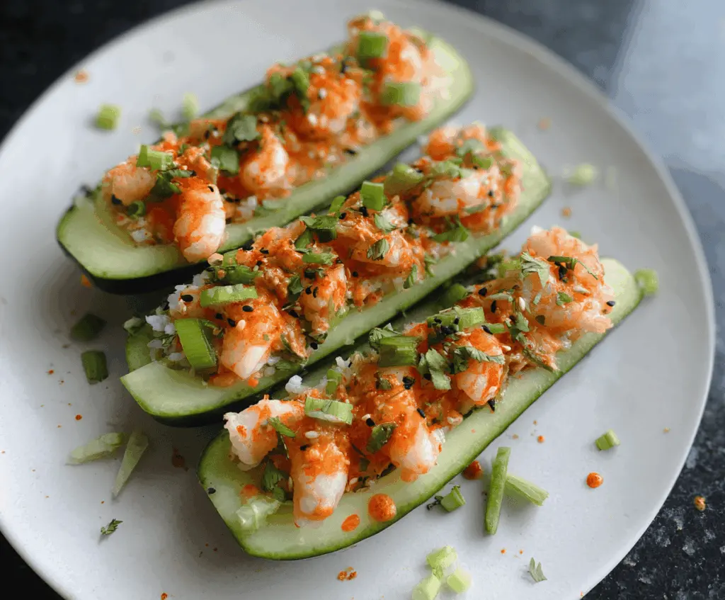 Spicy shrimp cucumber sushi boats with fresh ingredients and vibrant presentation, perfect for seafood and sushi lovers.