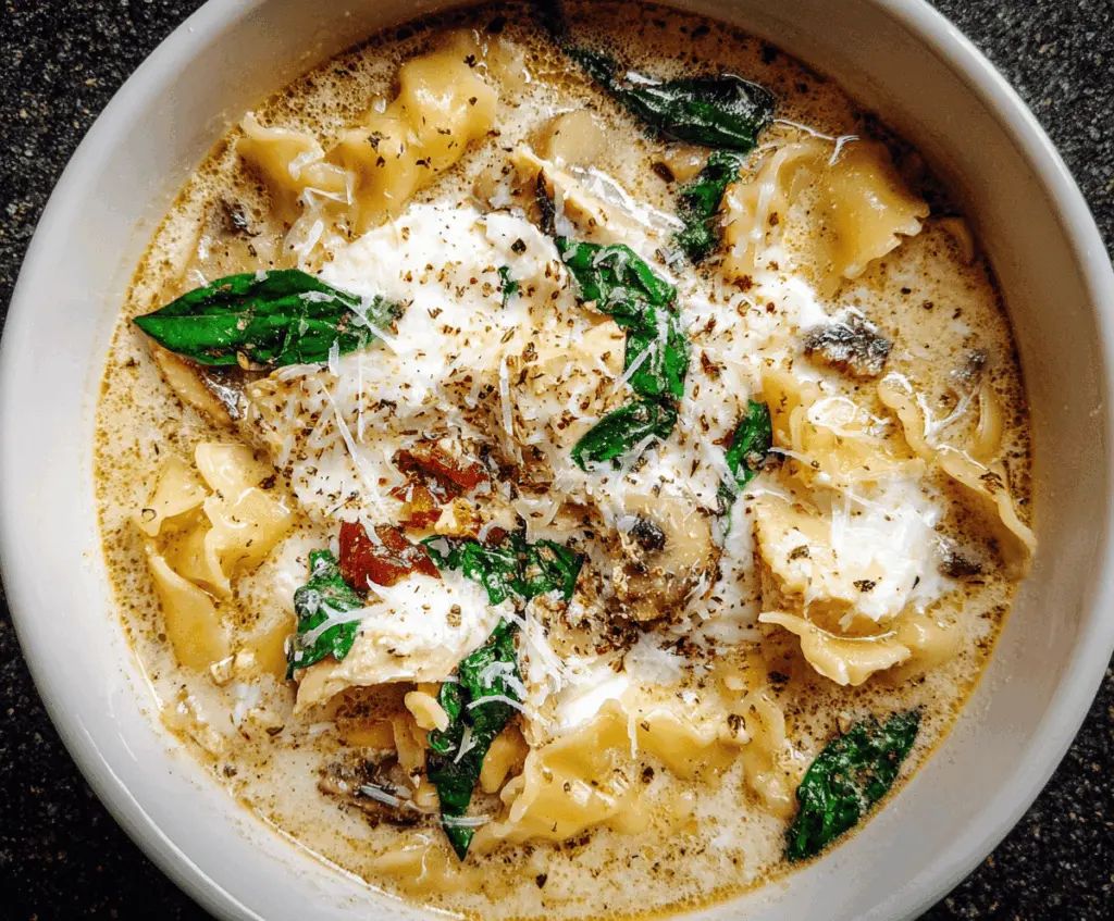 Creamy White Lasagna Soup with ricotta cheese, spinach, and melted mozzarella topped with fresh herbs in a bowl